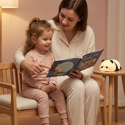 Maman lisant une histoire à sa fille près de la veilleuse panda couché