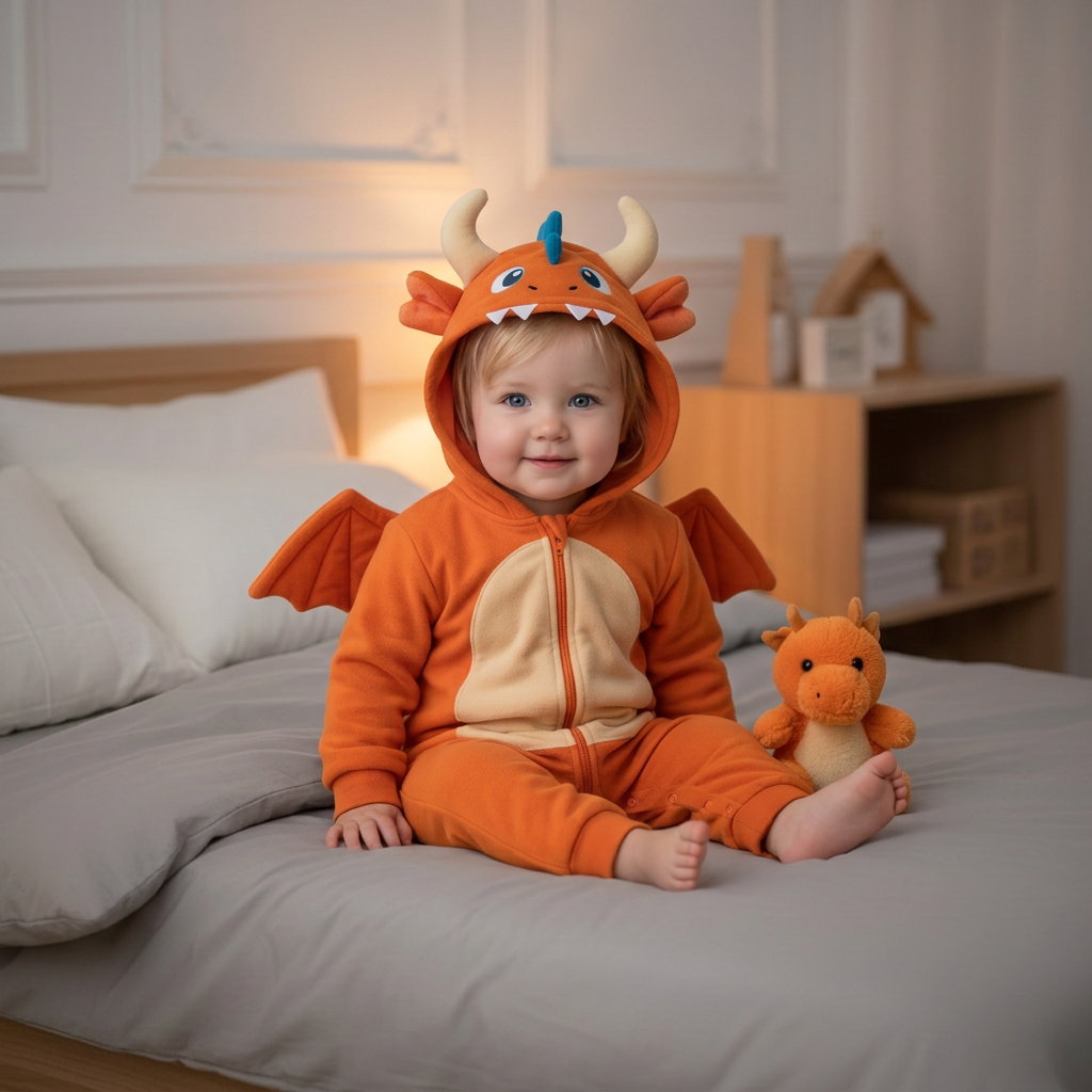 Monstre orange sur le lit, fille