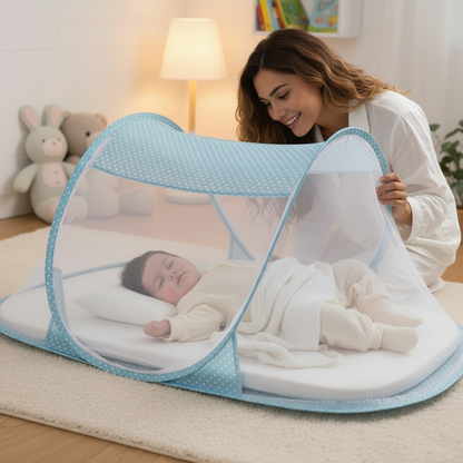 Moustiquaire bleue – maman souriante – bébé endormi – 1:1