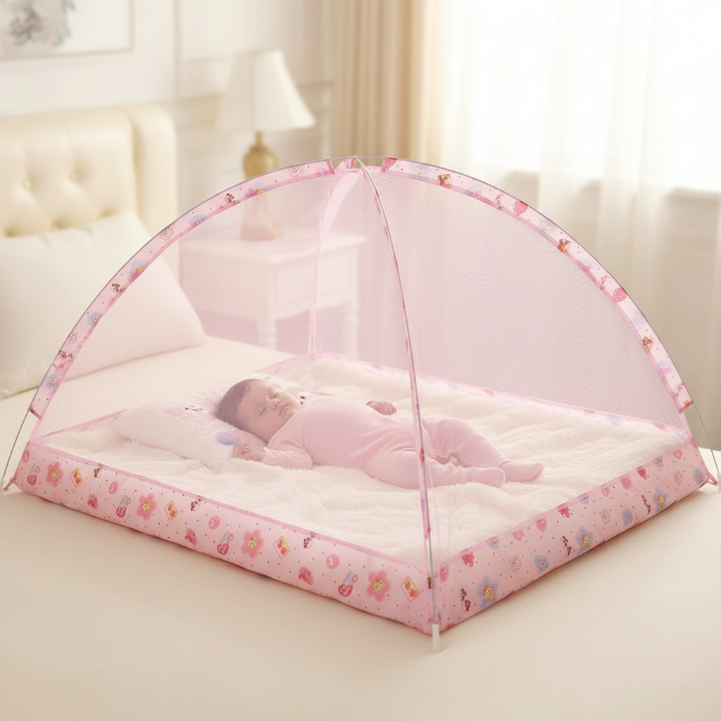 Moustiquaire dôme rose mise en avant – bébé fille endormie – 1:1