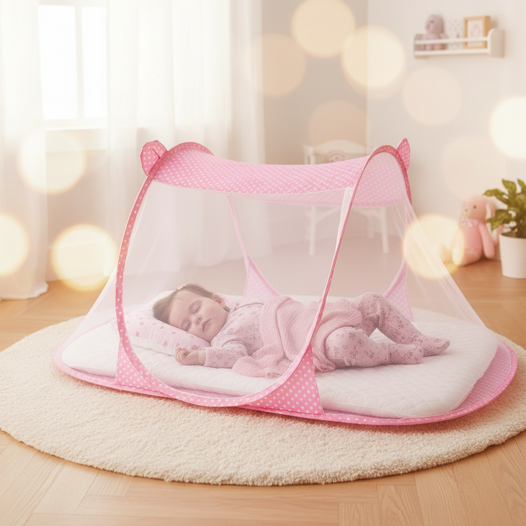 Moustiquaire rose – bébé fille – ambiance cosy nuit – 1:1