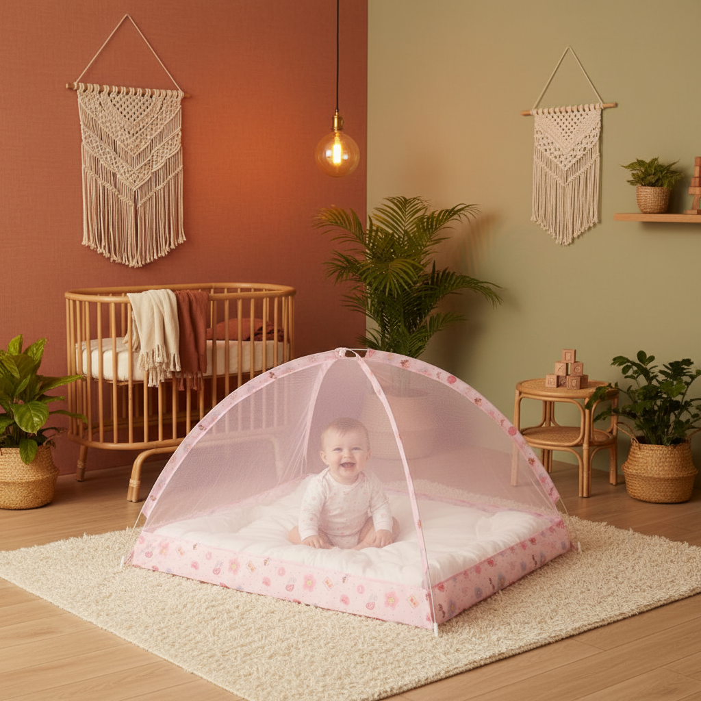 Moustiquaire rose – bébé souriant – nursery boho terracotta – 1:1