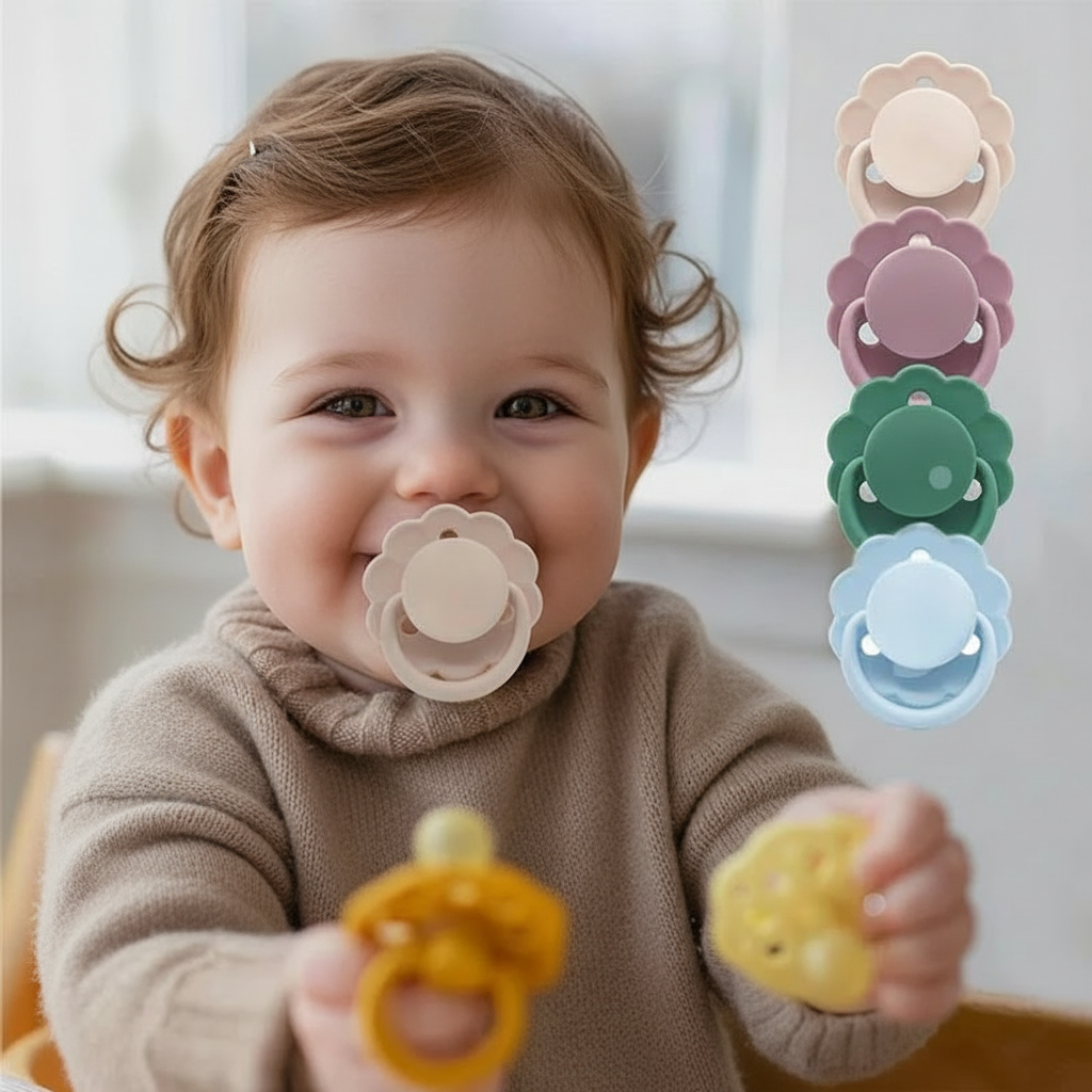 Nouveau bébé souriant avec quatre tétines à droite