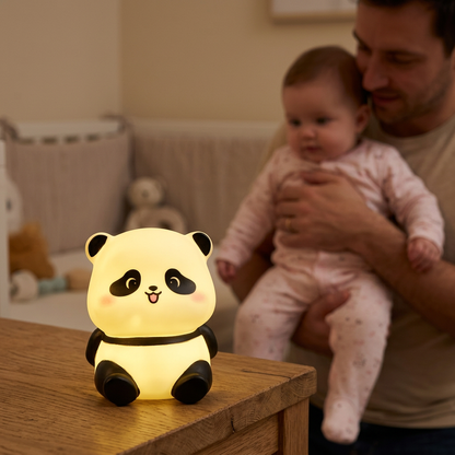 Papa berçant son bébé fille près du panda assis