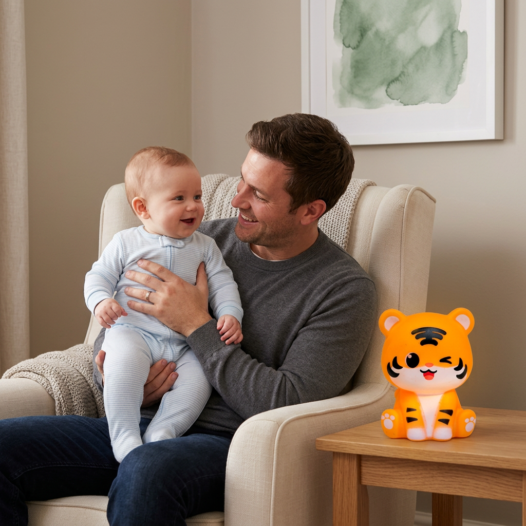 Papa et son bébé garçon avec la veilleuse Tigre Mignon