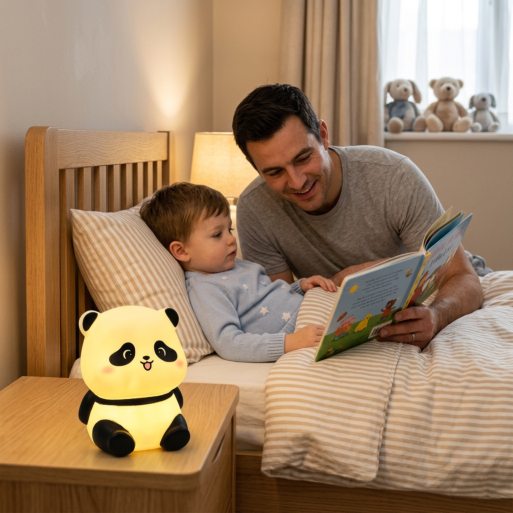 Papa lisant une histoire avec la veilleuse panda assis