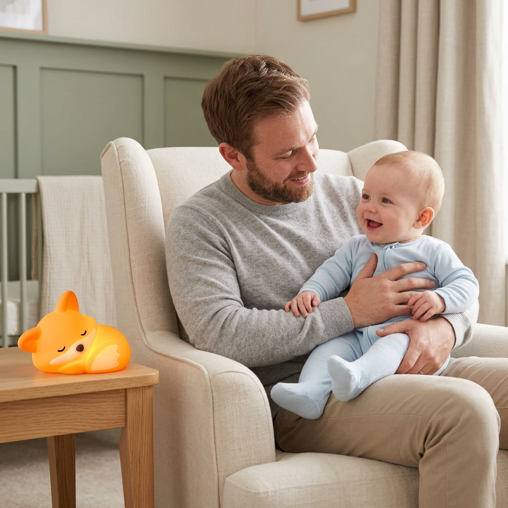 Papa tenant son bébé garçon près de la veilleuse renard