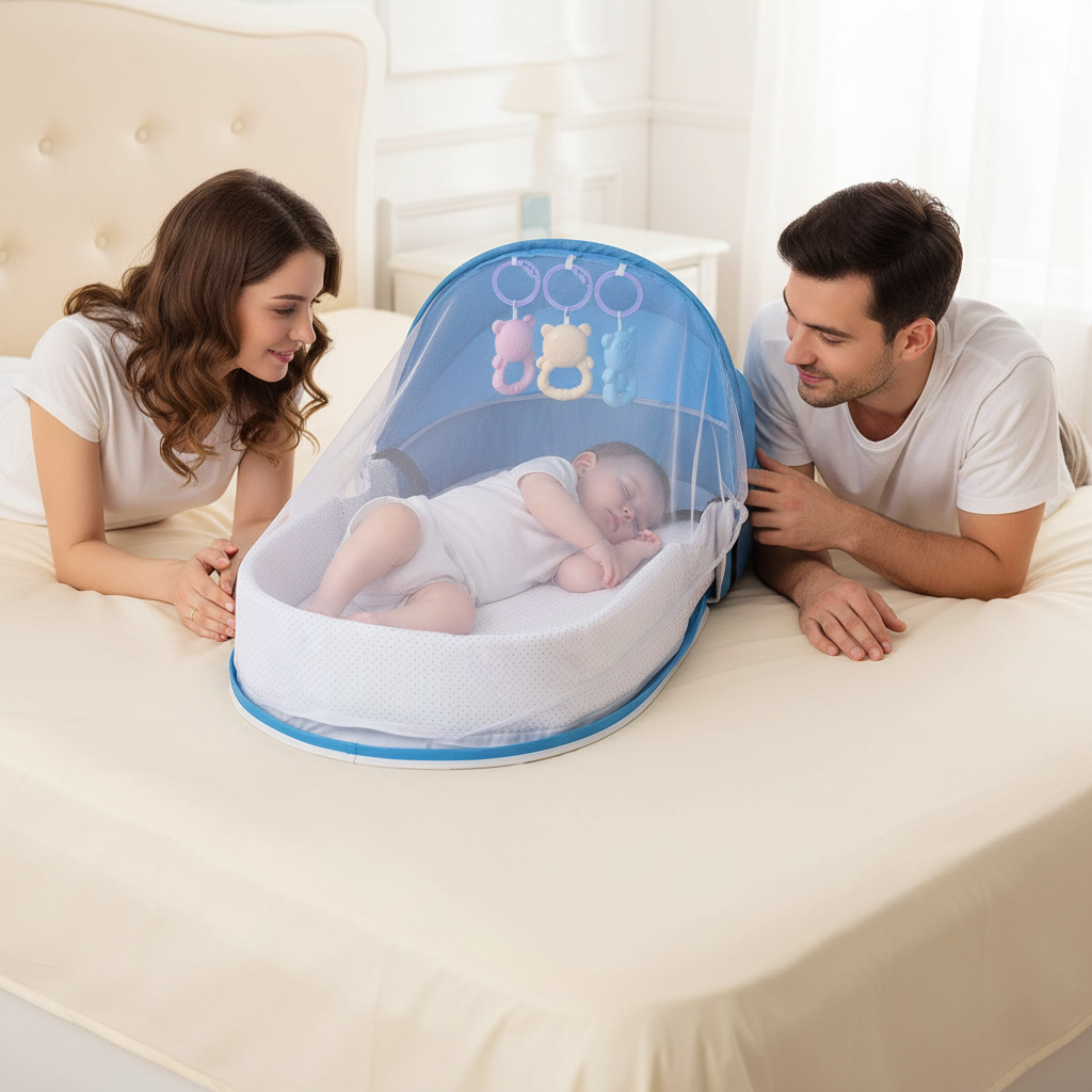 Parents détendus et éveillés autour du bébé dans le réducteur bleu