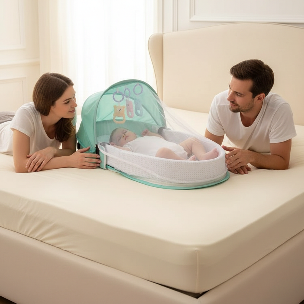 Parents détendus et éveillés autour du bébé dans le réducteur vert