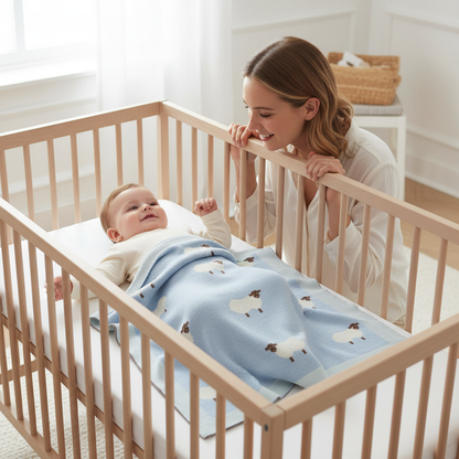 Petit garçon avec la couverture bleue dans un lit bébé