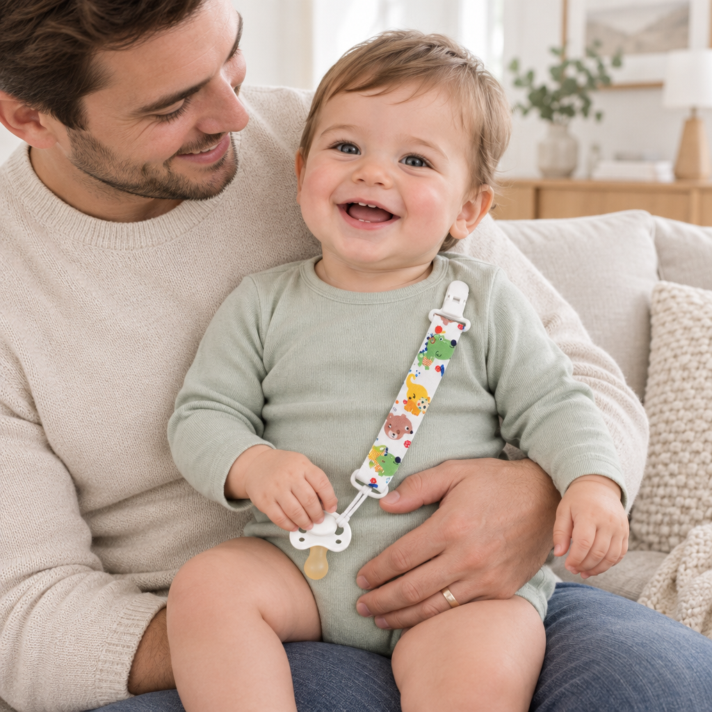 Petit garçon avec son papa dans un salon lumineux, attache-tétine animaux