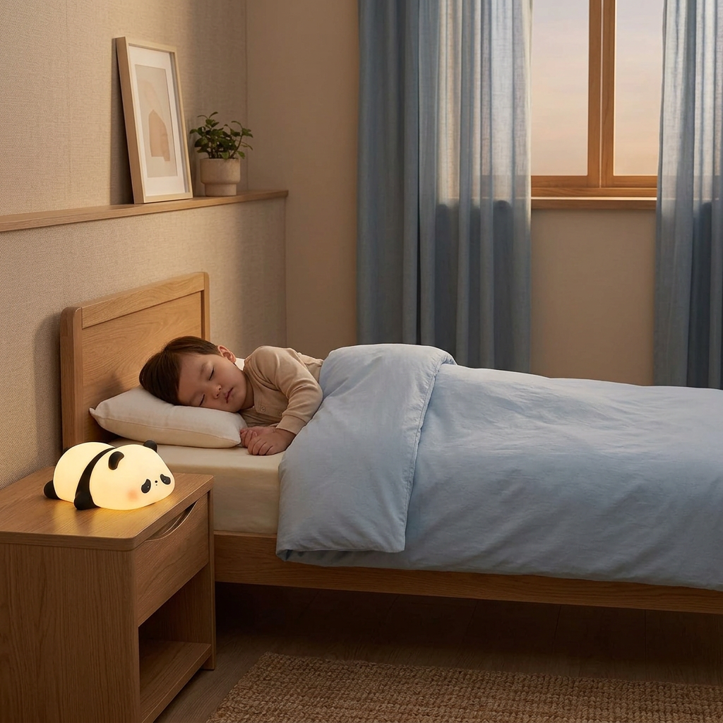 Petit garçon de 2 à 3 ans endormi près de la veilleuse panda