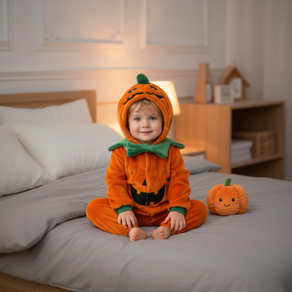Petit garçon en pyjama citrouille assis sur le lit