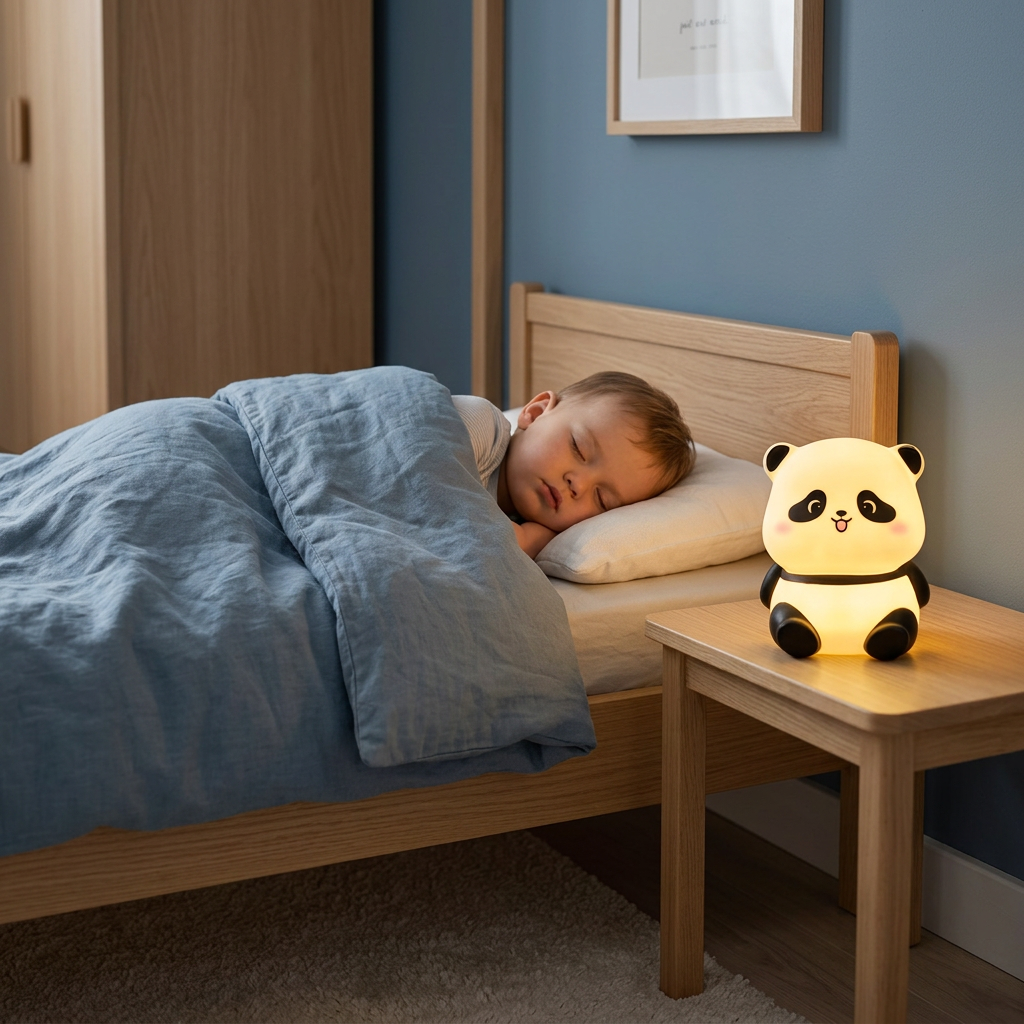 Petit garçon endormi près de la veilleuse panda assis