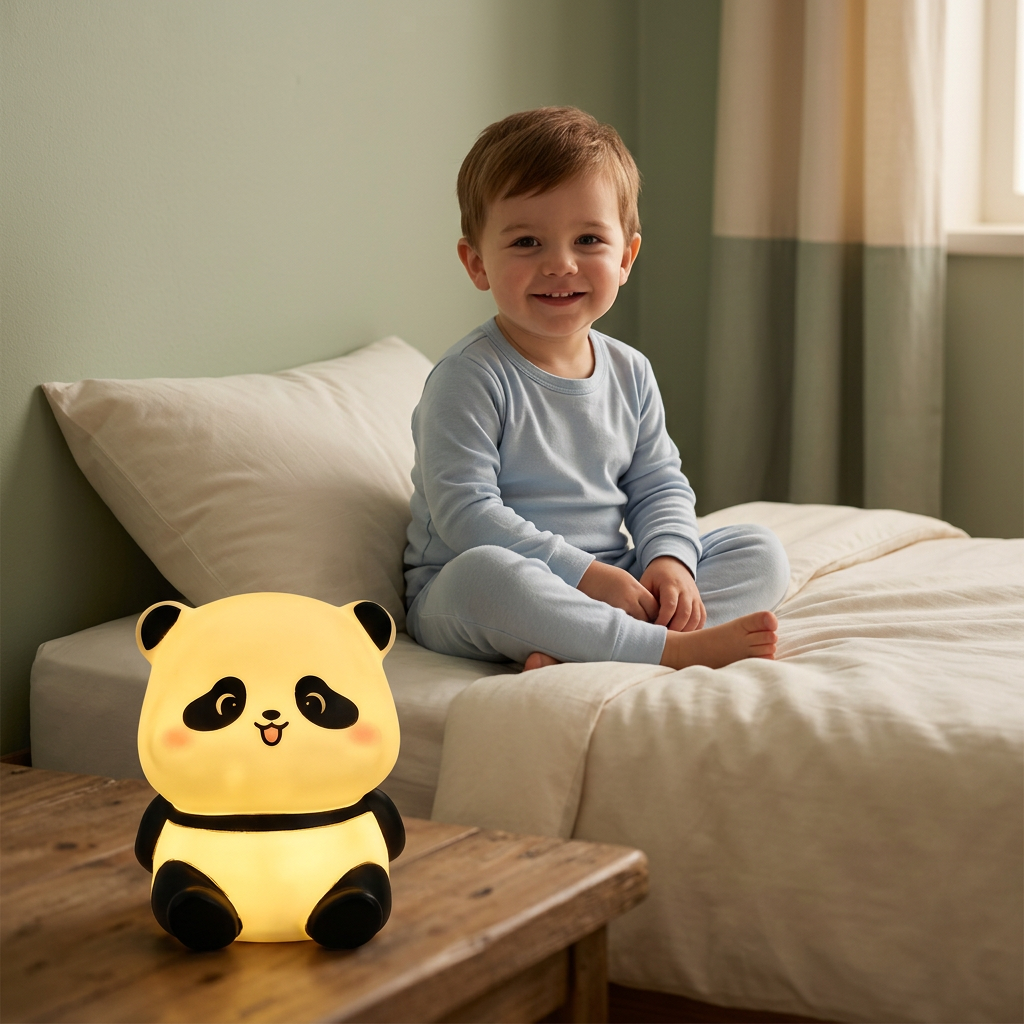 Petit garçon souriant avec la veilleuse panda assis