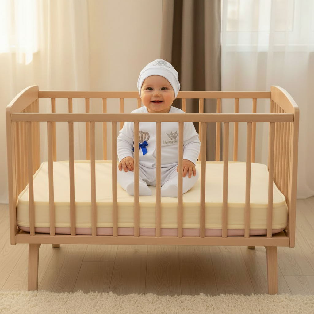 Petite fille assise avec le pyjama blanc et le bonnet