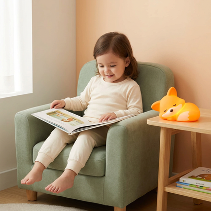Petite fille au coin lecture avec la veilleuse renard