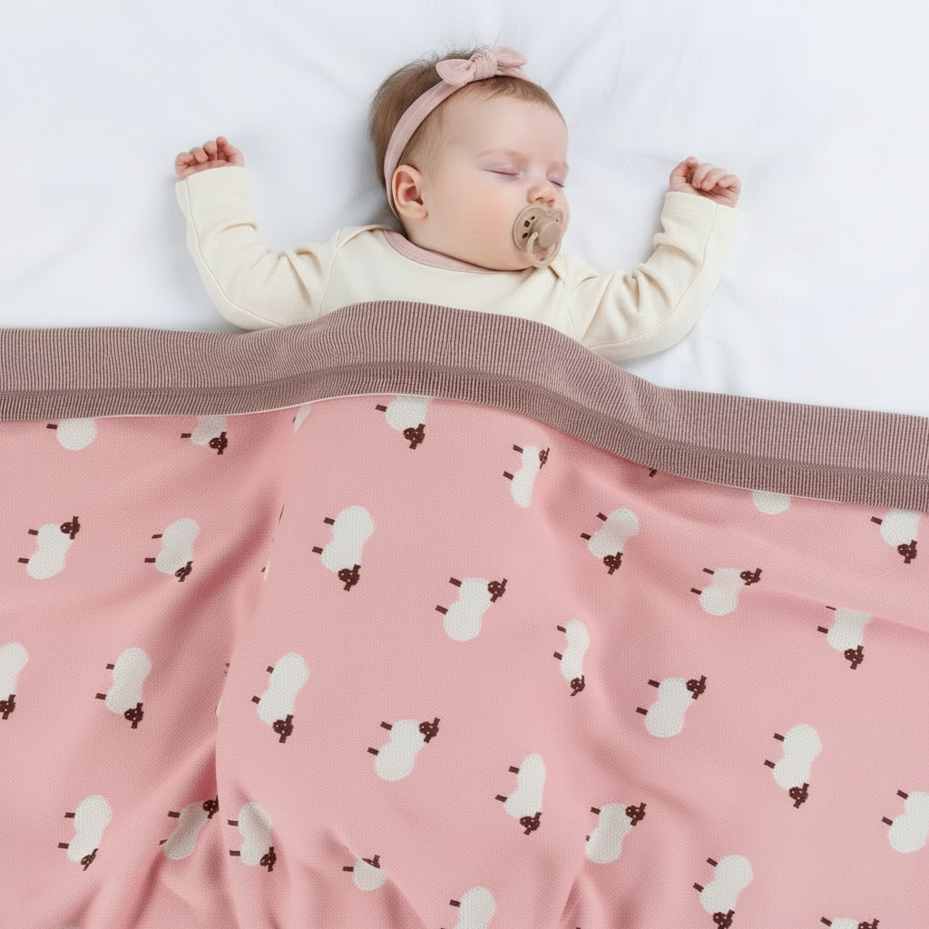 Petite fille avec la couverture rose à motifs moutons