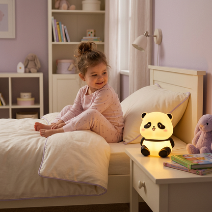 Petite fille avec la veilleuse panda assis
