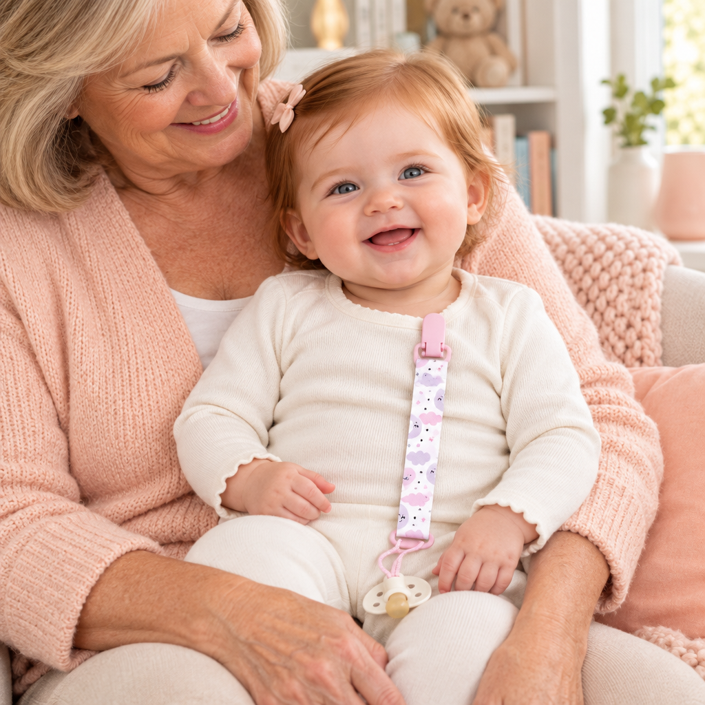 Petite fille avec sa grand-mère dans un coin lecture, attache-tétine rose et mauve