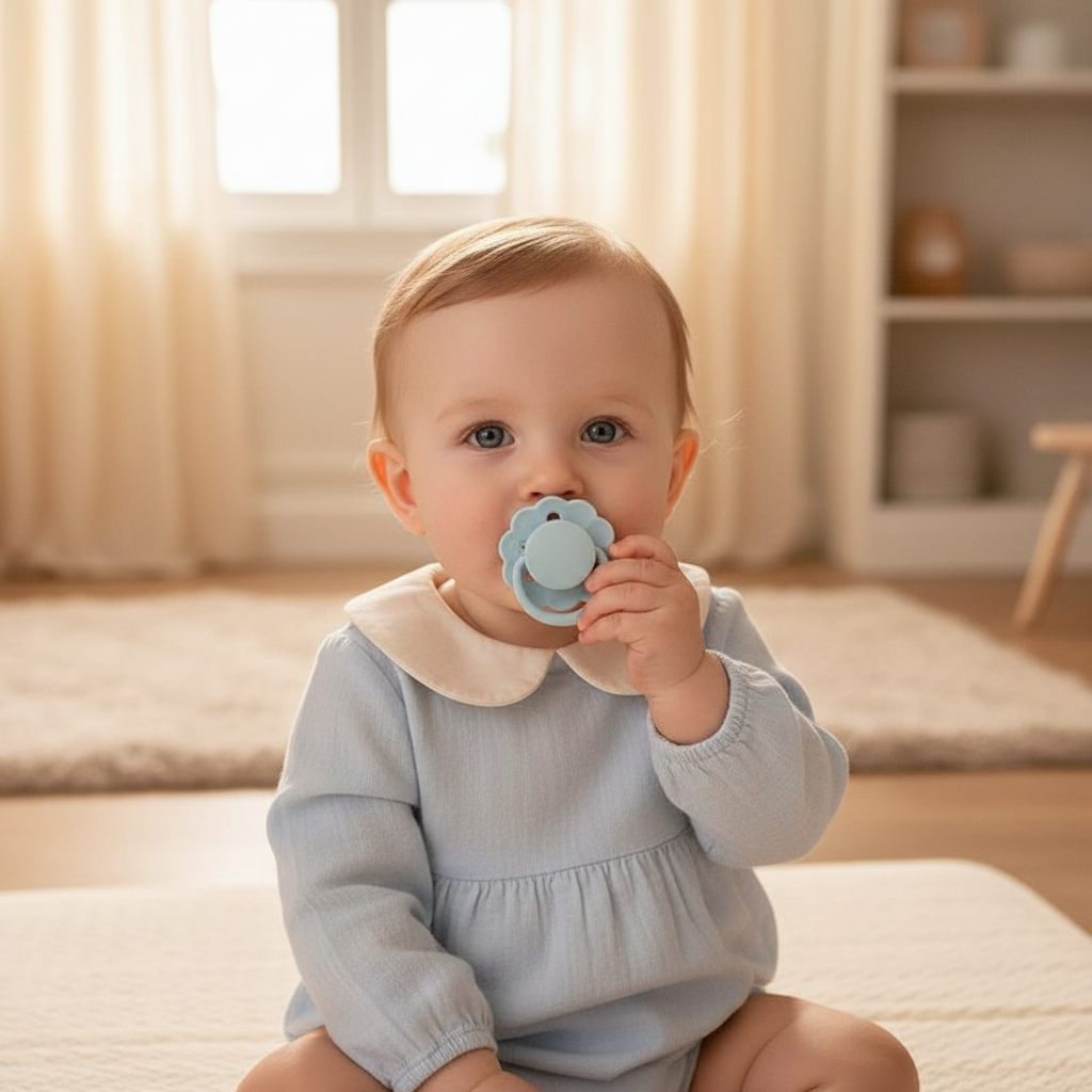 Petite fille avec tétine bleu clair
