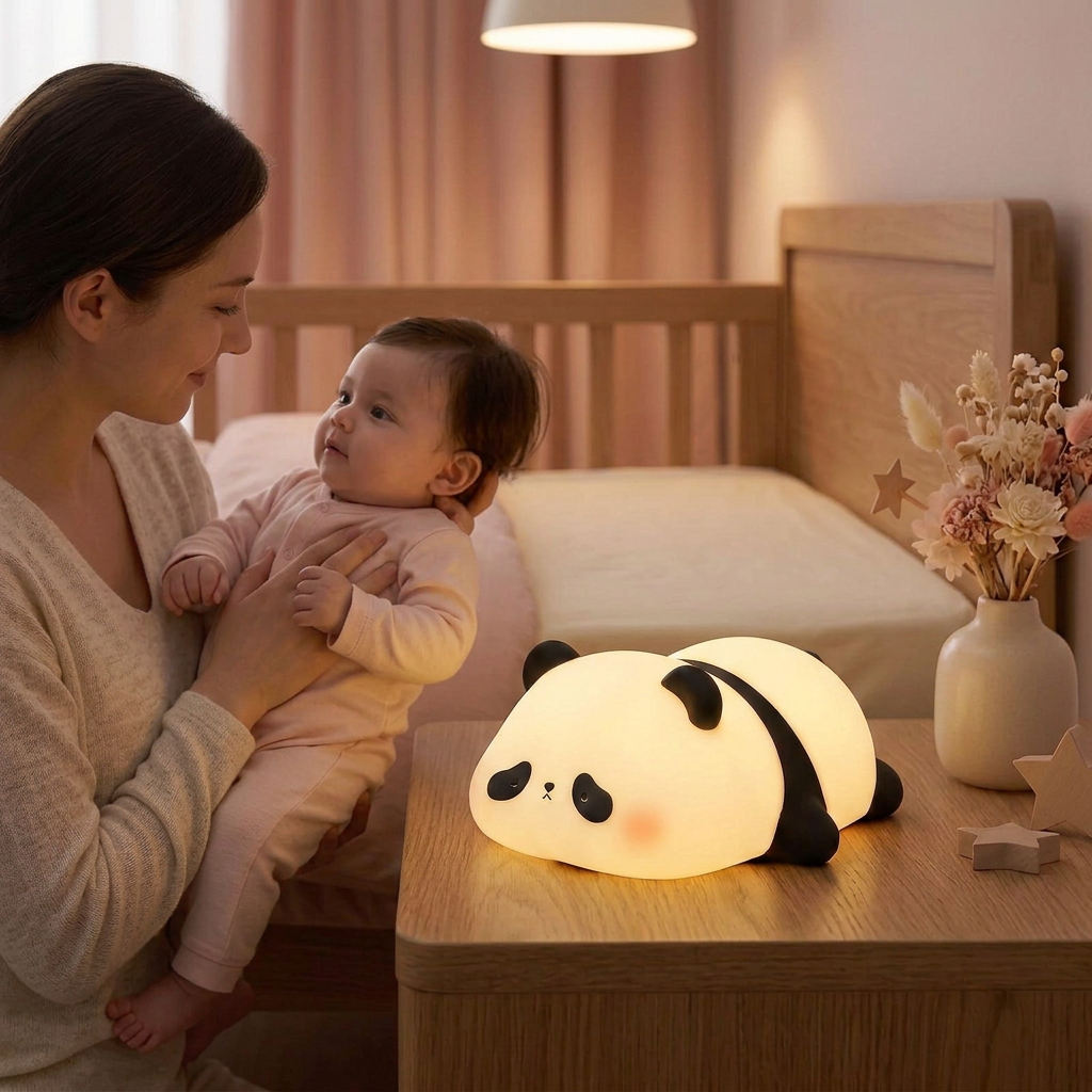 Petite fille avec un parent et la veilleuse panda dans une chambre rose poudré