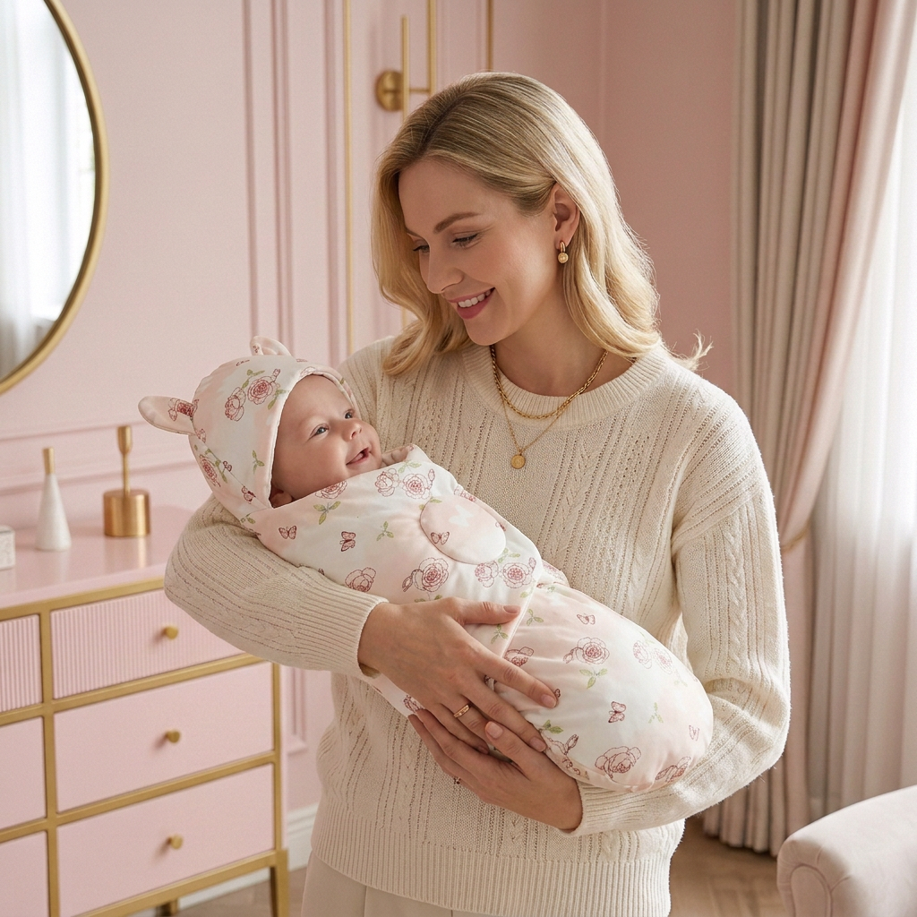 Petite fille dans le nid d’ange à roses, portée par sa maman