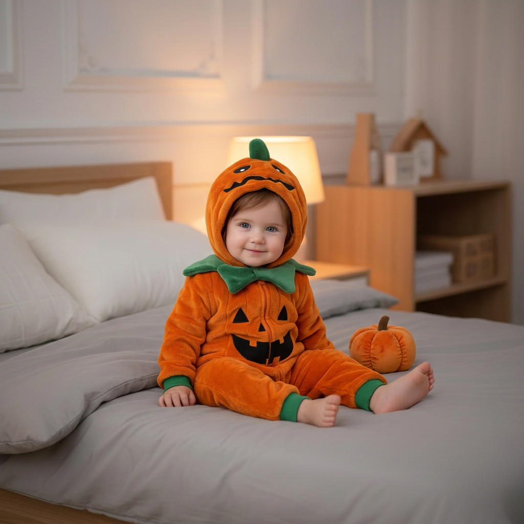Petite fille en pyjama citrouille assise sur le lit