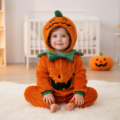 Petite fille en pyjama citrouille assise