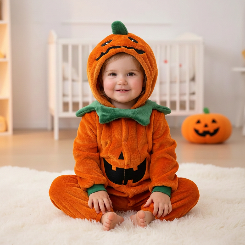 Petite fille en pyjama citrouille assise