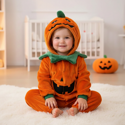 Petite fille en pyjama citrouille assise