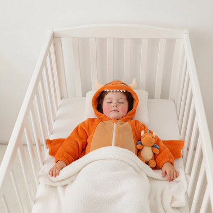 Petite fille en pyjama monstre orange dans le lit