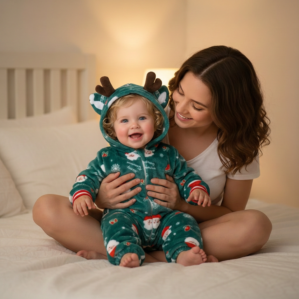 Petite fille en pyjama Noël vert avec maman