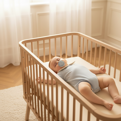 Petite fille endormie avec tétine bleu clair dans son lit