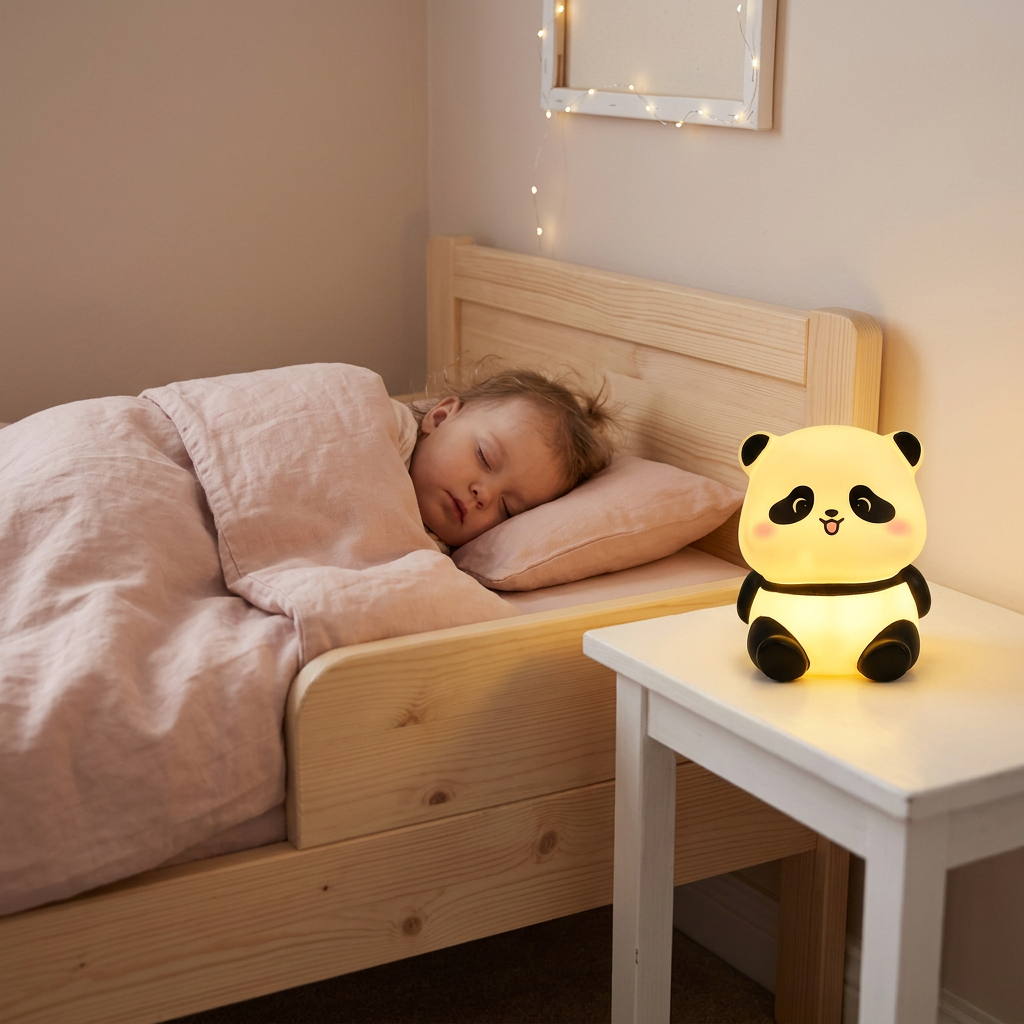 Petite fille endormie près de la veilleuse panda assis