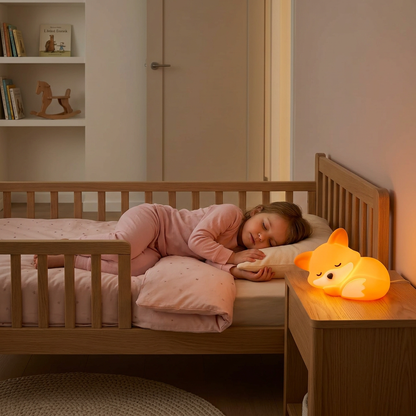 Petite fille endormie près de la veilleuse renard