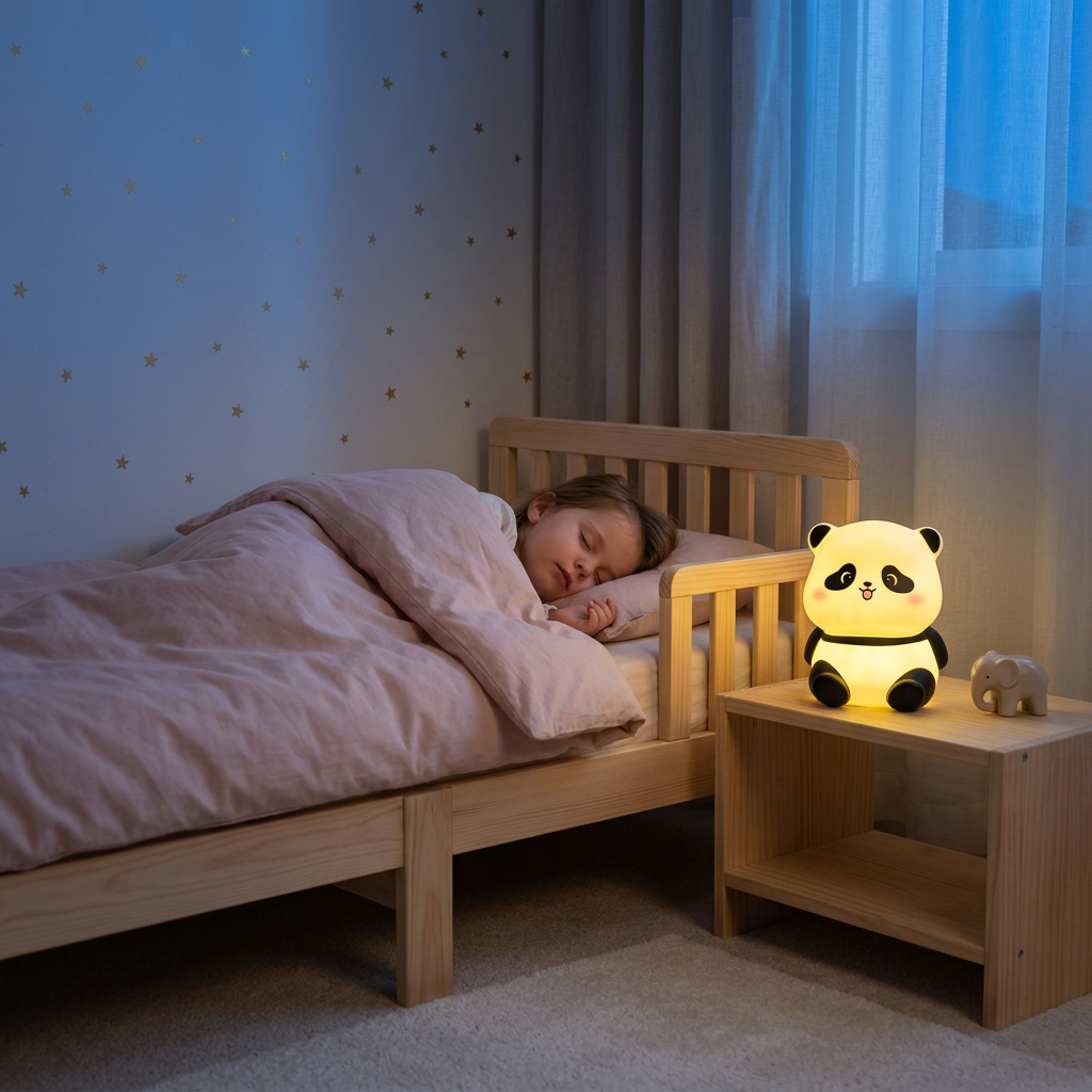 Petite fille endormie près du panda assis