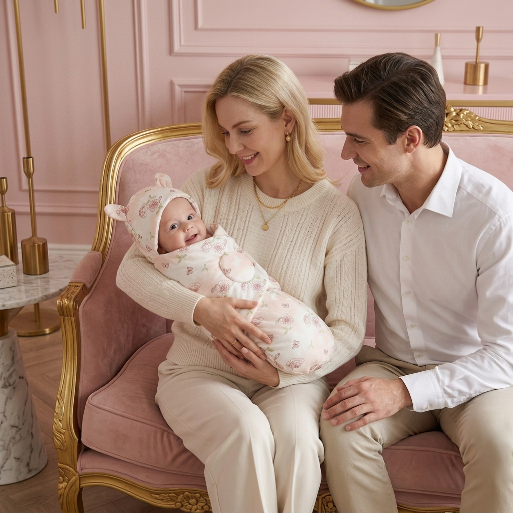 Petite fille entre papa et maman dans le décor rose et doré