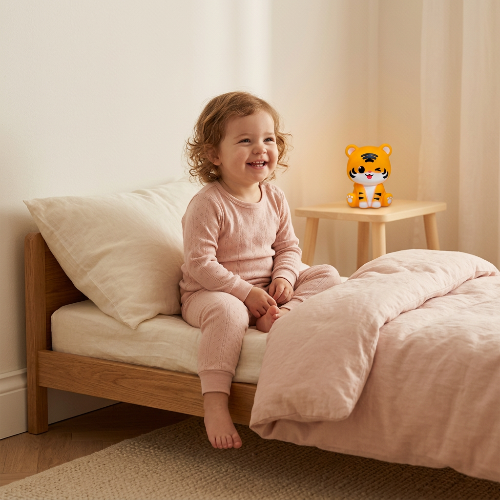 Petite fille joyeuse près de la veilleuse Tigre Mignon