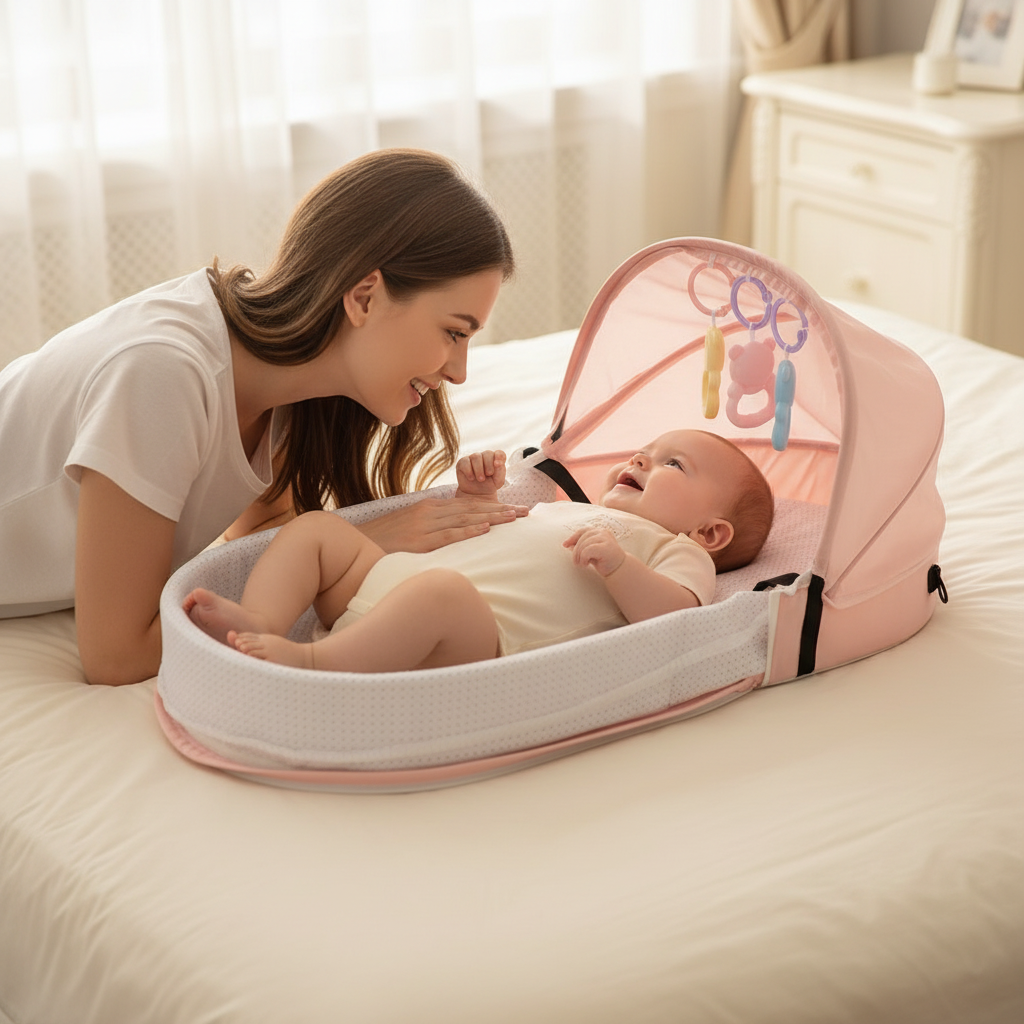 Petite fille souriant à sa maman dans le réducteur rose