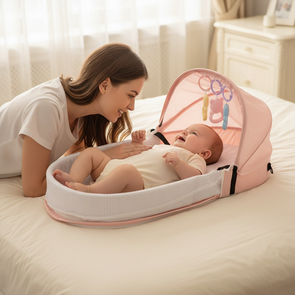 Petite fille souriant à sa maman dans le réducteur rose