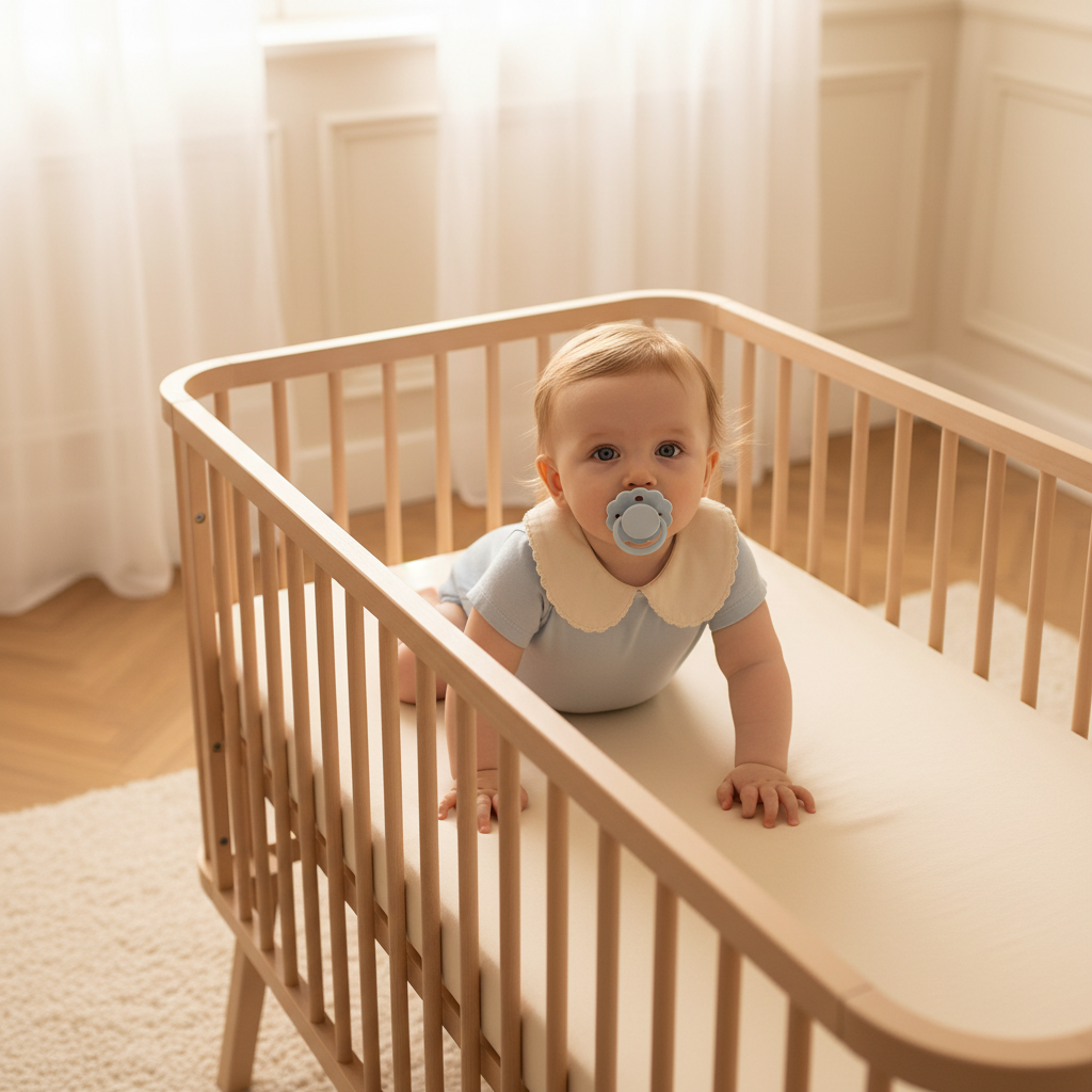 Petite fille éveillée avec tétine bleu clair dans son lit