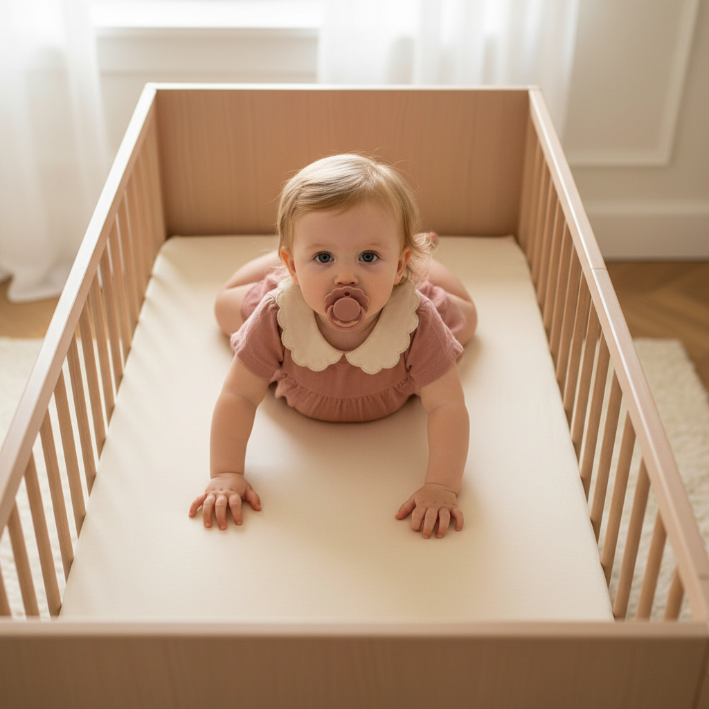 Petite fille éveillée avec tétine rose dans son lit