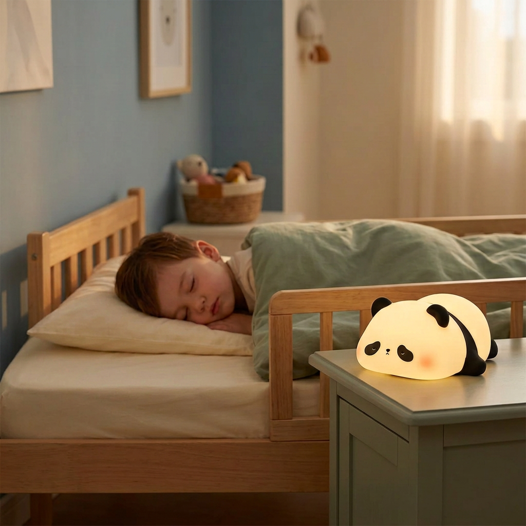 Photo corrigée avec une seule veilleuse panda sur la table de chevet