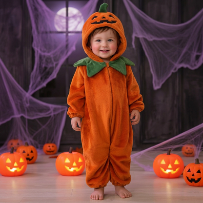 Pyjama citrouille dans un décor Halloween