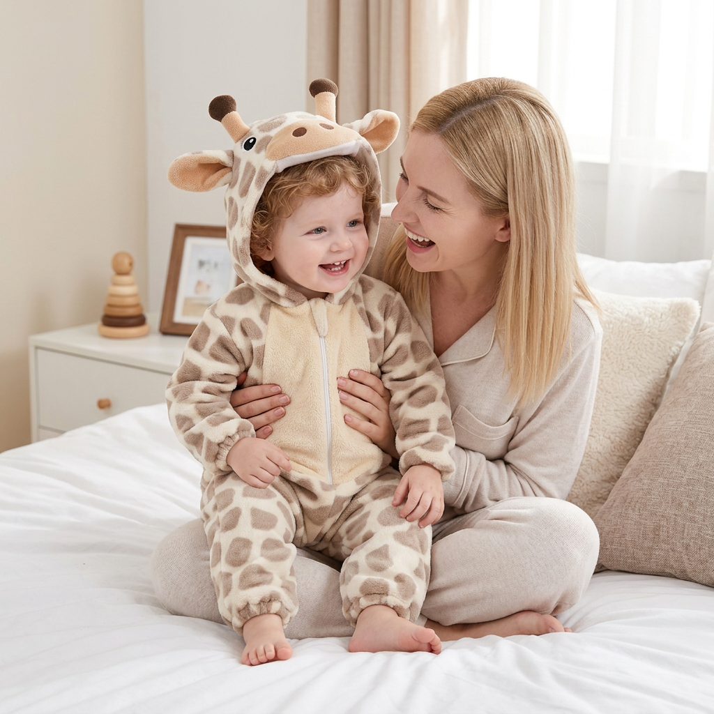Pyjama girafe avec maman sur le lit