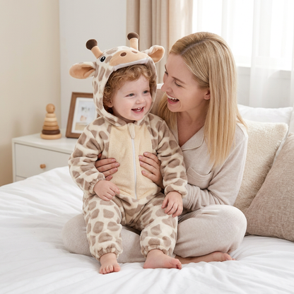 Pyjama girafe avec maman sur le lit