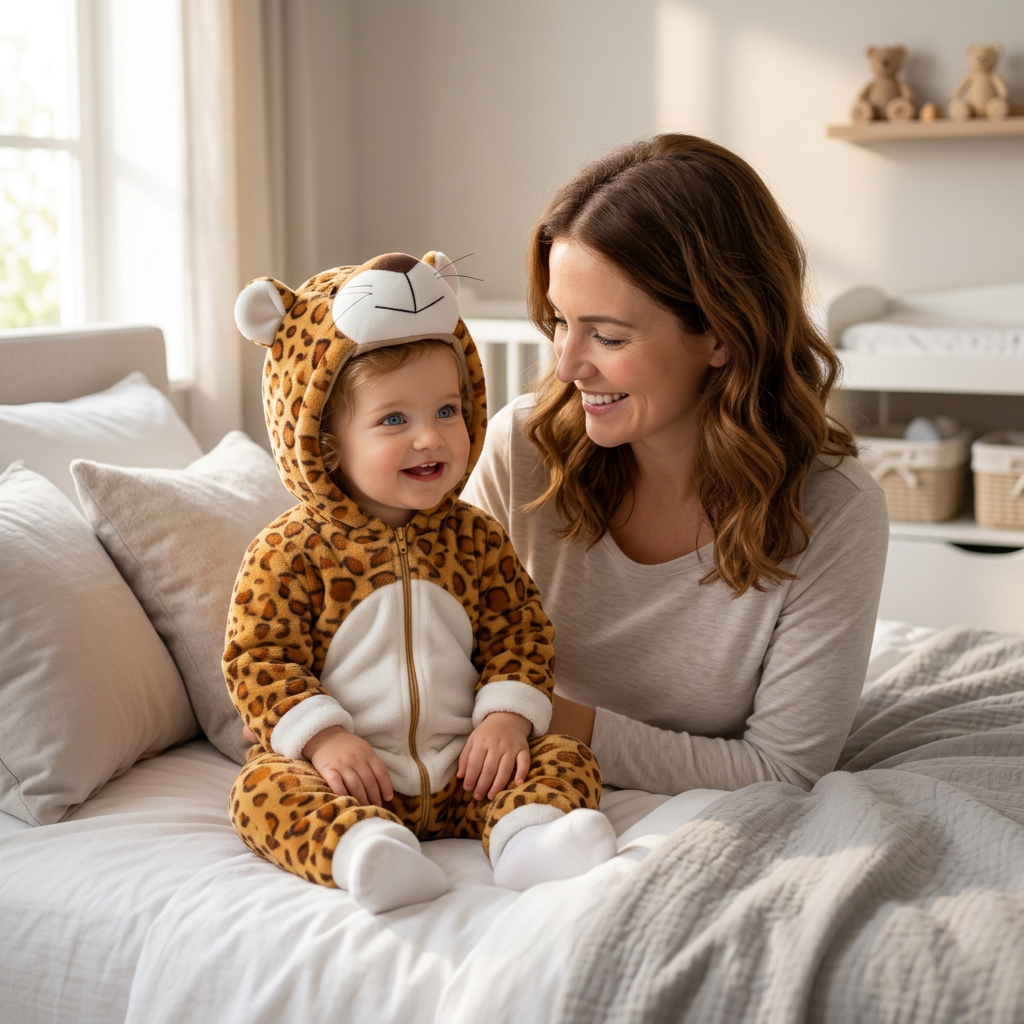 Pyjama léopard avec maman sur le lit