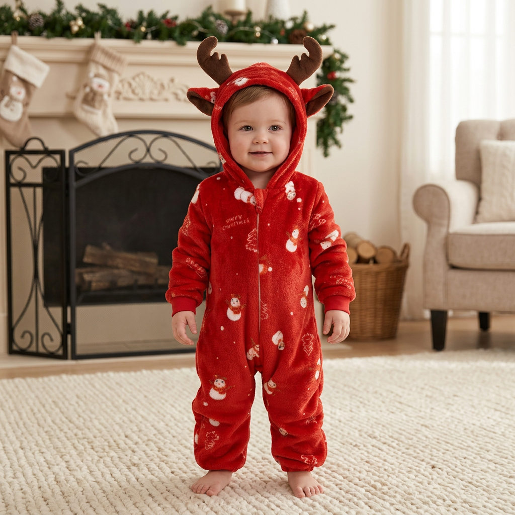 Pyjama Noël rouge dans un décor festif