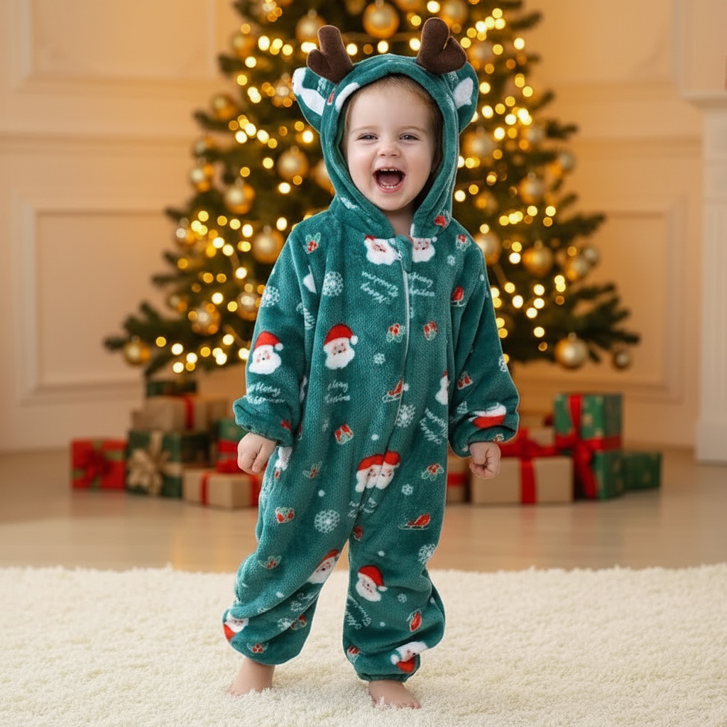 Pyjama Noël vert – fille roux bouclés – capuche renne – 1:1